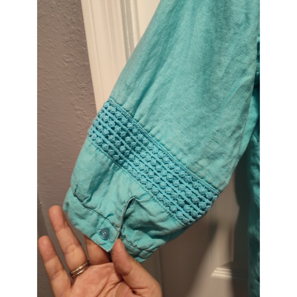 Susan Bristol 100% Linen Aqua 3/4 Sleeve Button Neck Shirt Sz‎ 1X Cool Light - Picture 5 of 6
